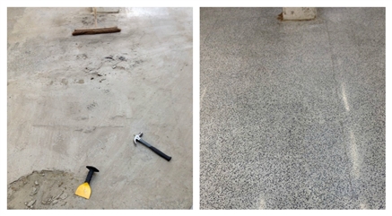 Here is an area covered with cement. We have to take care when removing it to avoid damaging the terrazzo underneath.